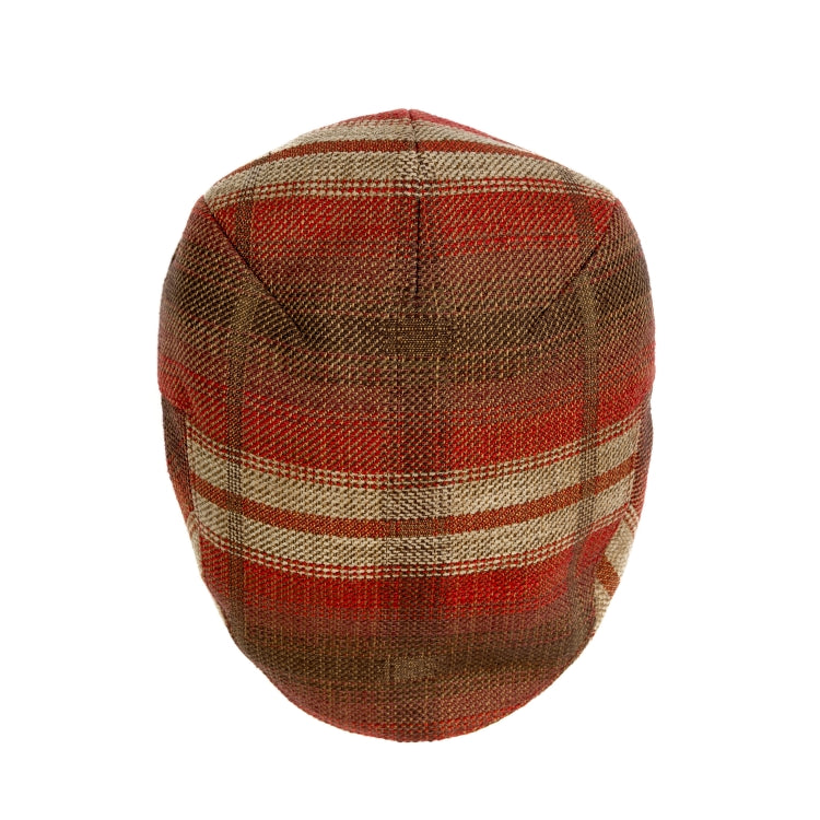 Top view of the Redwood Plaid flat cap in warm red and earthy brown check. A unisex flat cap by Amsterdam based hat-wear brand Old Habits Die Hard.