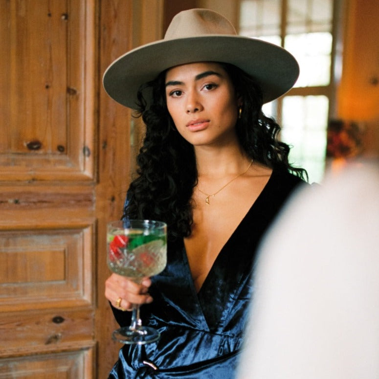 Society Smooth Shadow Hat. Bestseller. Beige Hat. Neutral. Fedora Style. Pointed Shape. Statement Hat. Sand Coloured Hat.