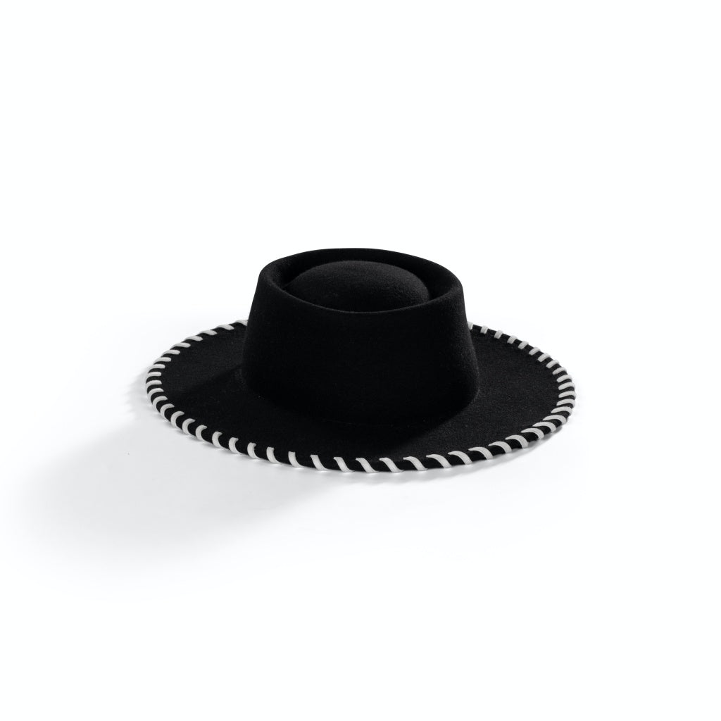 The Bullfighter Bonita hat. The Bullfighter Bonita Black Hat with White Stitching. Unique Hat. Statement Hat. Stylish Hat.